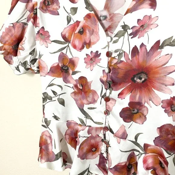 The Kooples Printed Ecru Top 1 Small Floral Motif Peplum Gathered Puff Sleeves - Picture 3 of 7